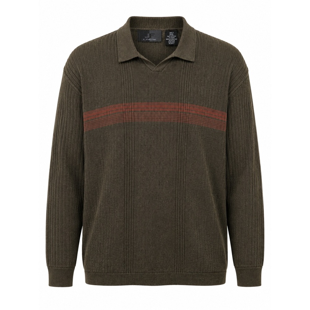 J. Ferrar 3XL Knit Polo Sweater Brown Striped 100% Cotton Long Sleeve Plus Size